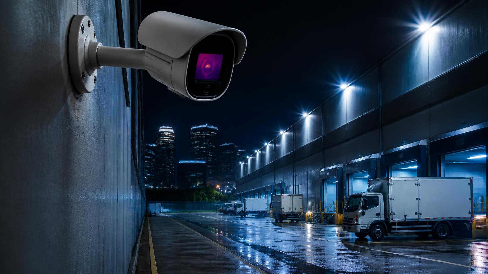 Thermal security camera monitoring a warehouse loading bay at night