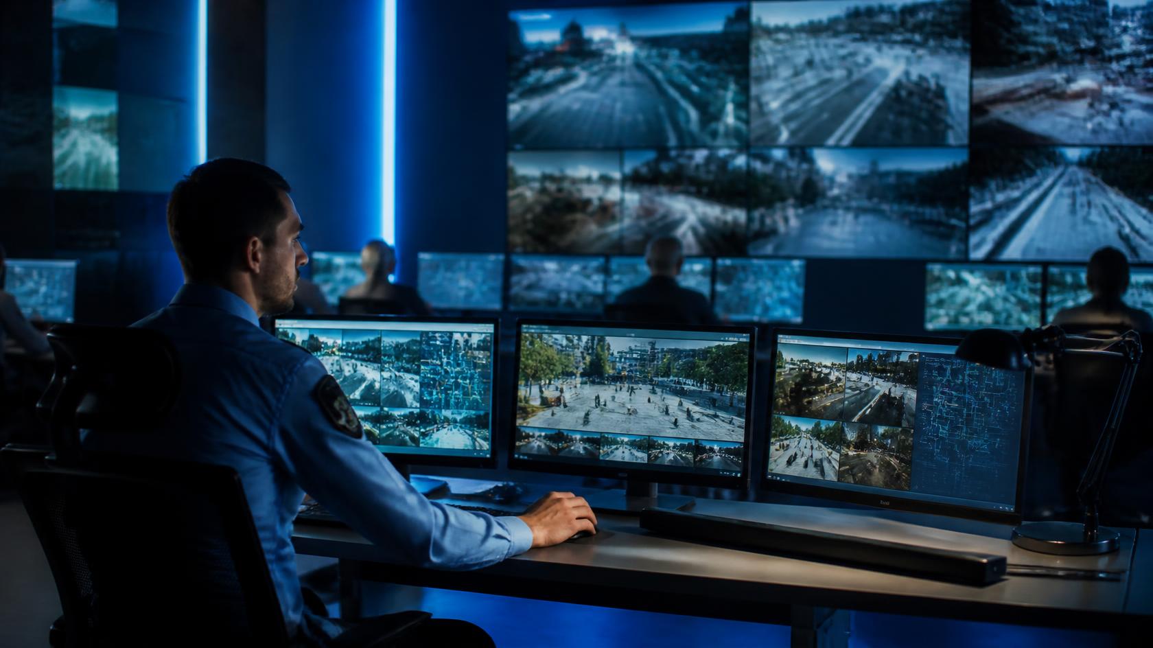 Security officer monitoring AI surveillance feeds in a command centre