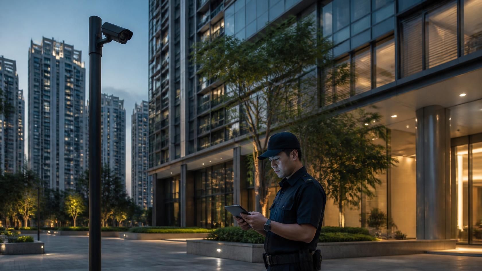 Security officer using a tablet beside an AI security camera at a Singapore condominium