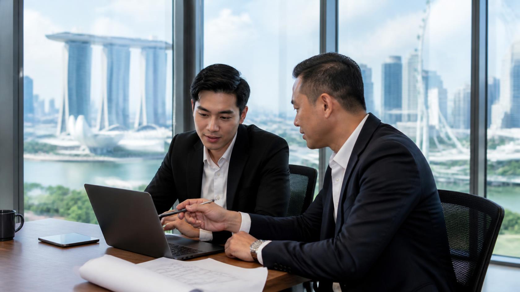 Property manager and security consultant reviewing a security technology plan in Singapore