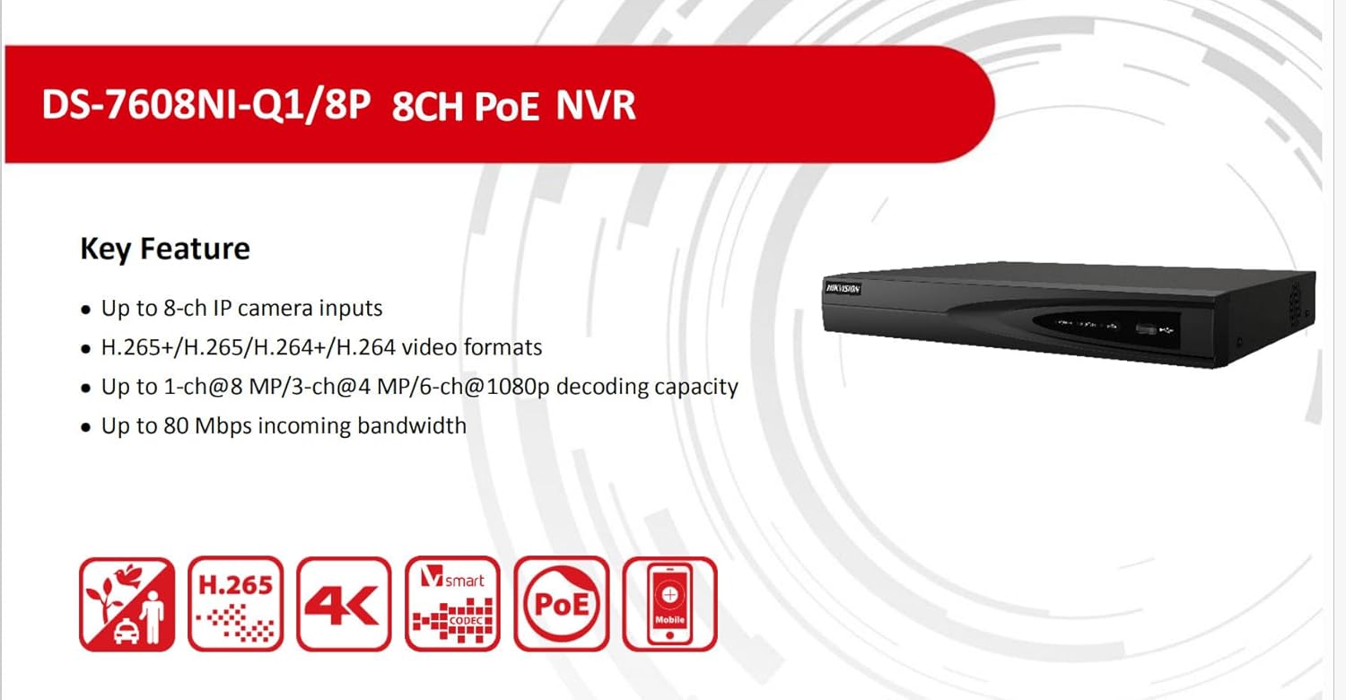 HIK 8CH 4K NVR DS76081-Q1/8P 8CH POE 8MP 4K Network Video Camera Recorder NVR with built-in Poe Ports for IP Poe Network Camera