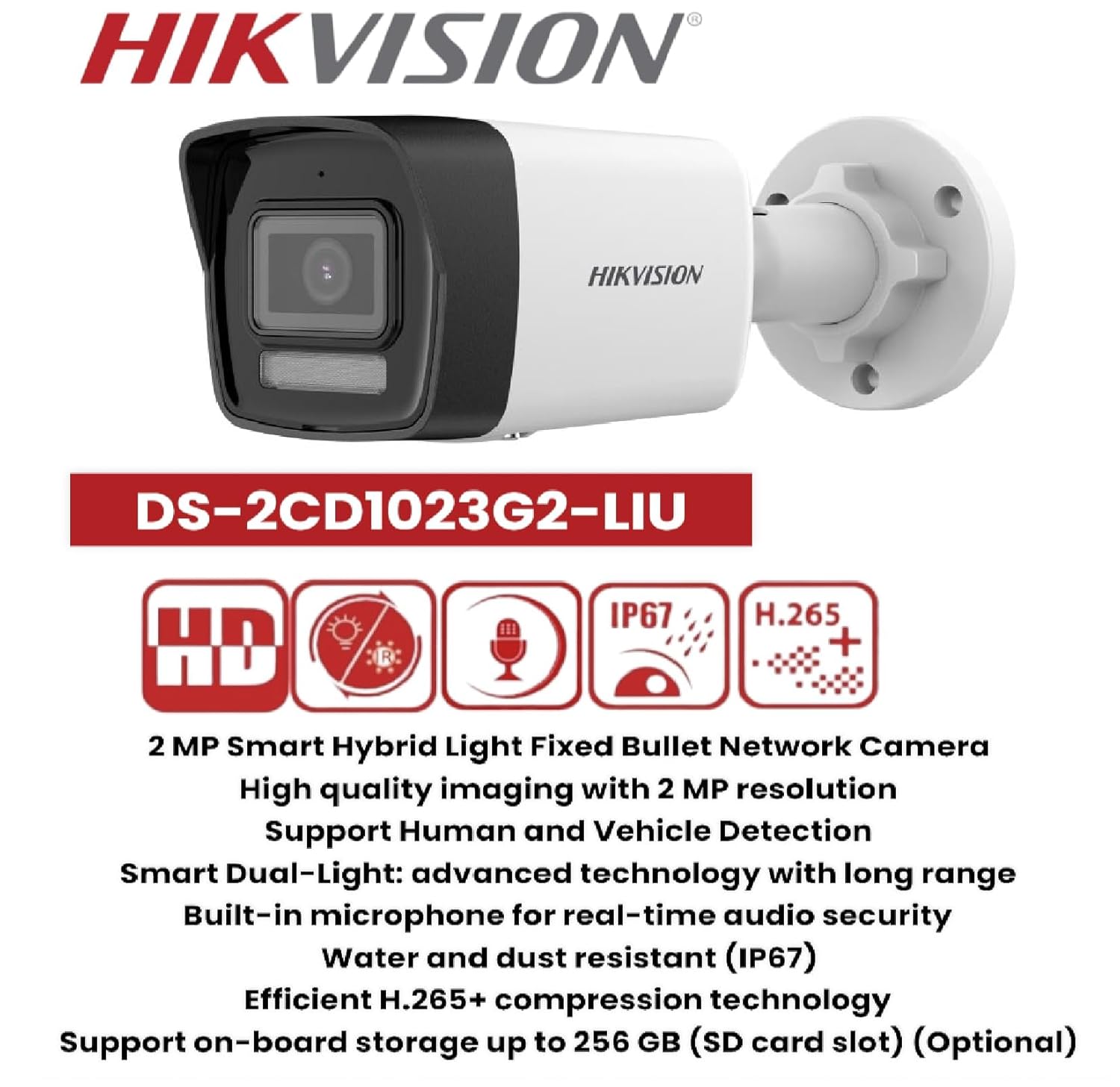 HIKVISION 2 MP Wireless 1080P Smart Hybrid Light Outdoor Bullet Network IP CCTV Camera Built-in Mic with Day/Night Color Vision, Motion Detection [DS-2CD1023G2-LIU
