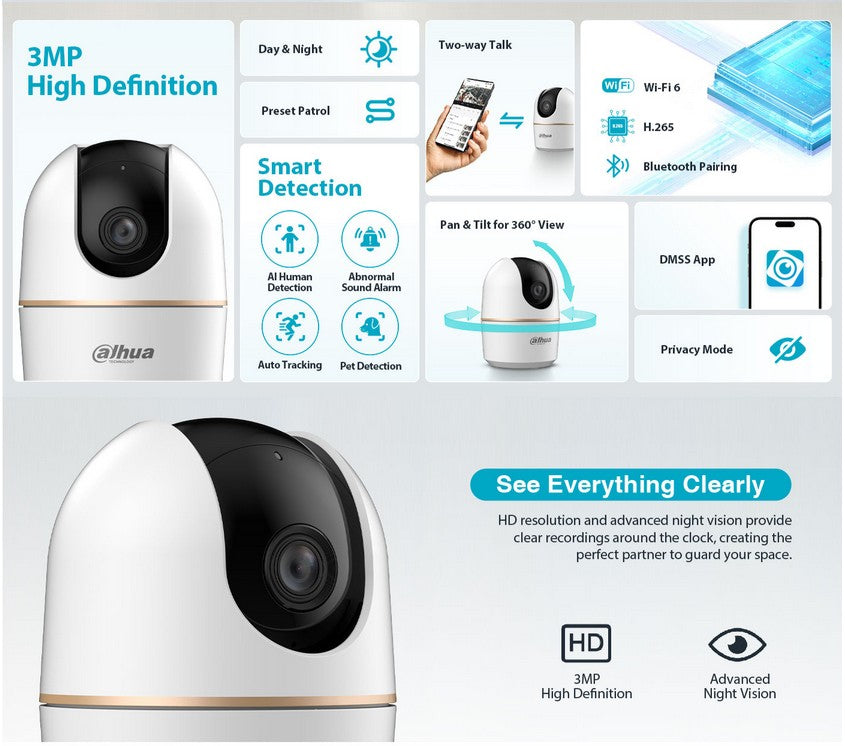 Dahua H3A /5A Wireless home CCTV Camera with two way audio / Human / pet Detection