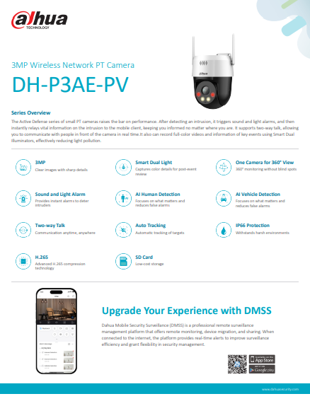 DAHUA | DH-P3AE-PV DH-P5AE-PV 3MP & 5MP Wireless Network PT Camera │ Human & Vehicle Detection │Sound & Light Alarm │Water Proof