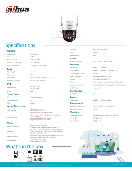 DAHUA | DH-P3AE-PV DH-P5AE-PV 3MP & 5MP Wireless Network PT Camera │ Human & Vehicle Detection │Sound & Light Alarm │Water Proof