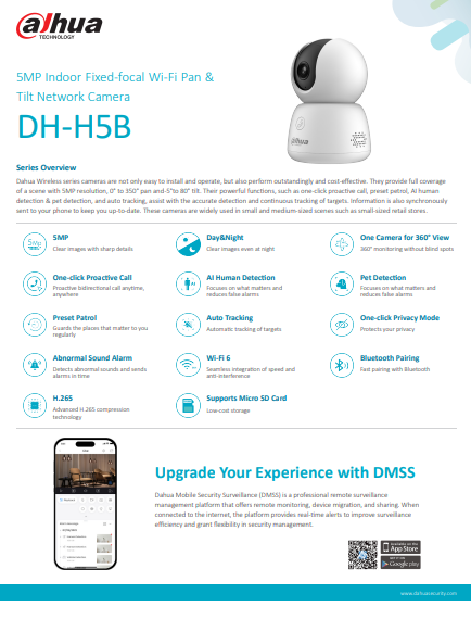 DAHUA | DH-H3B-H5B 3MP & 5MP Indoor Fixed-focal WiFi Pan & Tilt Network Camera │Human & Pet Detection │Sound alarm │Night vision