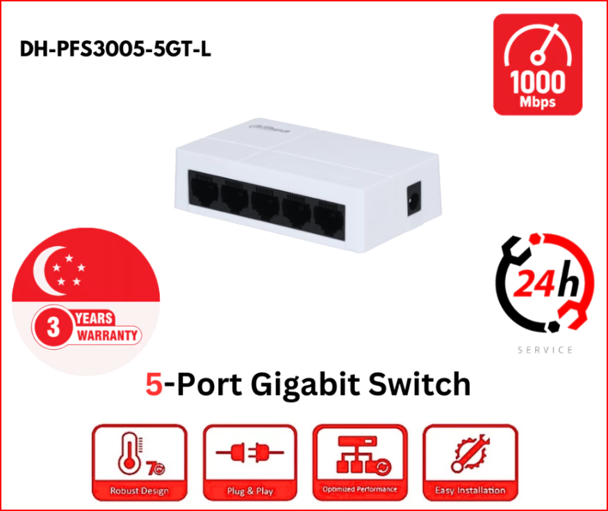 Dahua 5-Port & 8Port Unmanaged Desktop Gigabit Ethernet Switch DH-PFS3005-5GT-L/ DH-PFS3008-8GT-L | 5-port gigabit