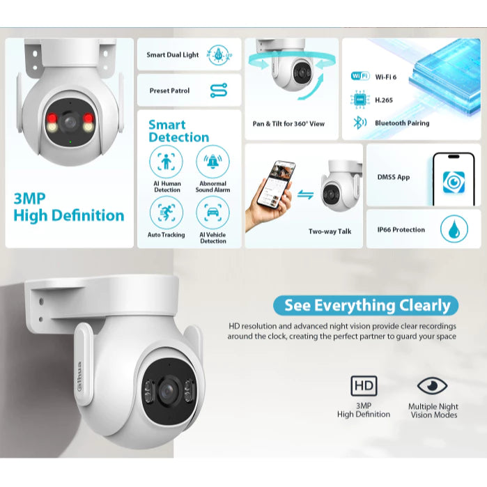 Dahua | 3MP Outdoor Fixed-focal Wi-Fi Pan & Tilt Network Camera DH-P3B-PV | P3B-PV smart camera