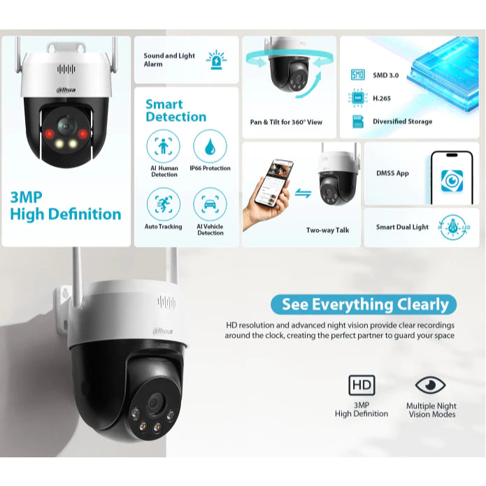 DAHUA | DH-P3AE-PV DH-P5AE-PV 3MP & 5MP Wireless Network PT Camera │ Human & Vehicle Detection │Sound & Light Alarm │Water Proof
