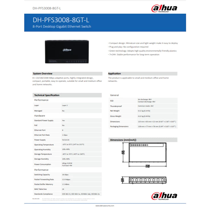 Dahua 5-Port & 8Port Unmanaged Desktop Gigabit Ethernet Switch DH-PFS3005-5GT-L/ DH-PFS3008-8GT-L | 5-port gigabit
