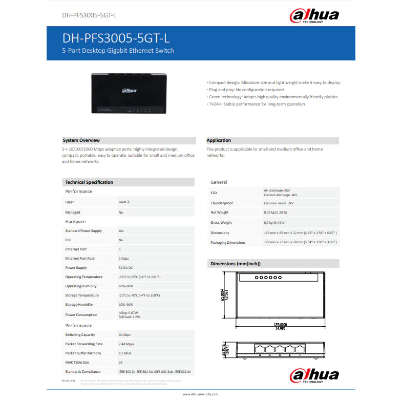 Dahua 5-Port & 8Port Unmanaged Desktop Gigabit Ethernet Switch DH-PFS3005-5GT-L/ DH-PFS3008-8GT-L | 5-port gigabit